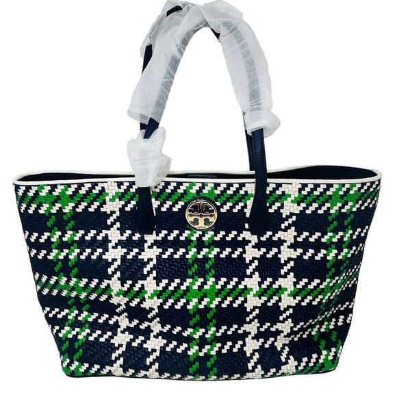 Tory Burch Duet Woven Leather Large Tote Blue Green White Houndstooth Nautical - Picture 1 of 11